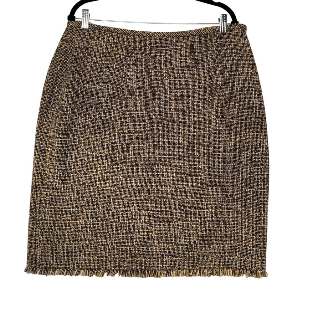 Preston & York Kelly Tweed Pencil Skirt Size 14 Brown Spice Multi Fringe Hem NWT